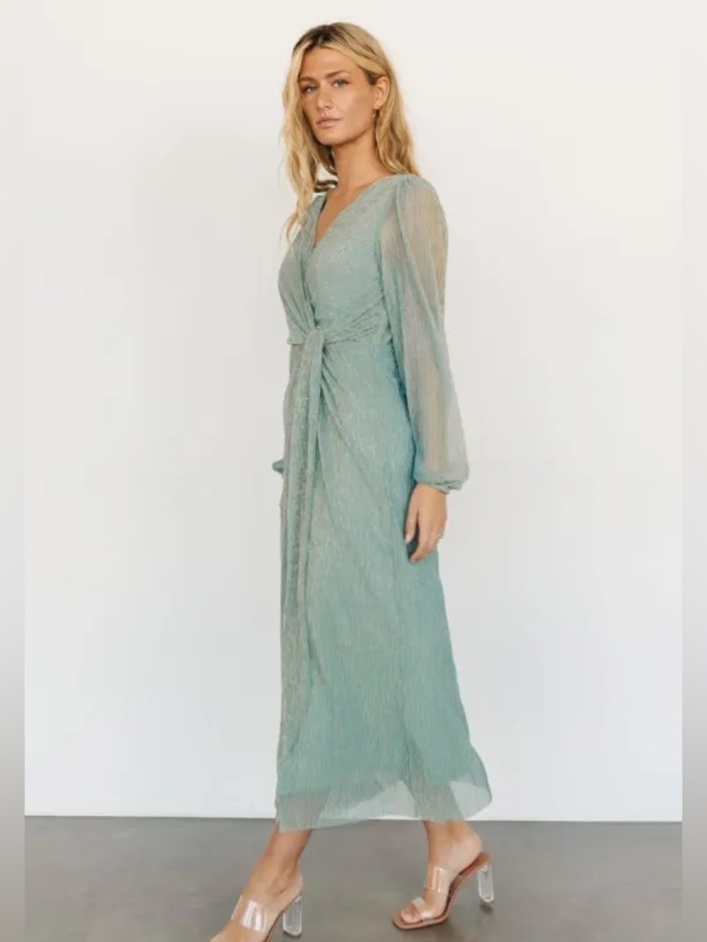Listicle Dusty Sage Green Long Sleeve Wrap Midi Dress